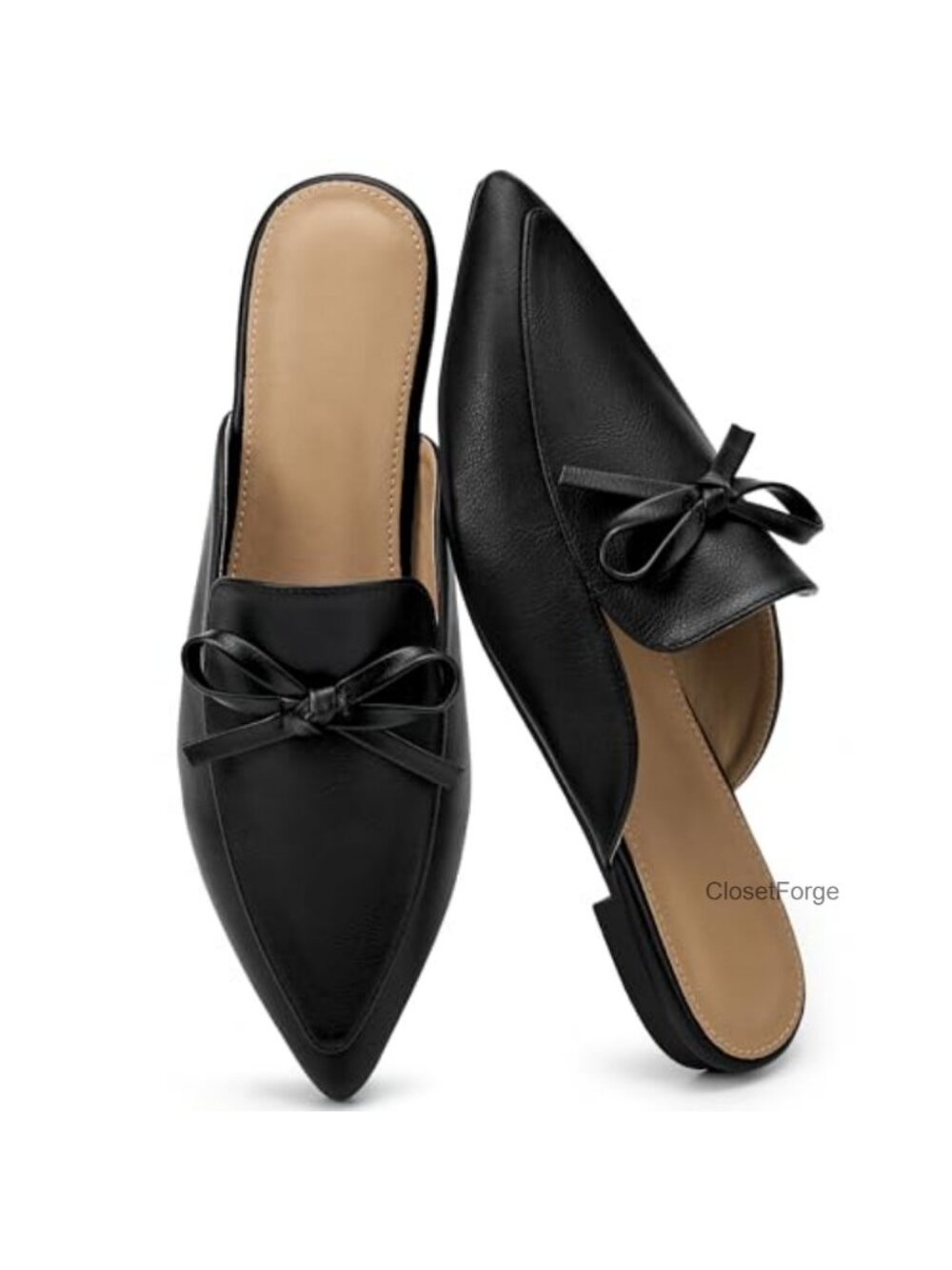 Pointed Toe Mules for Women Faux Leather Bow Flats Slip On Dressy Casual